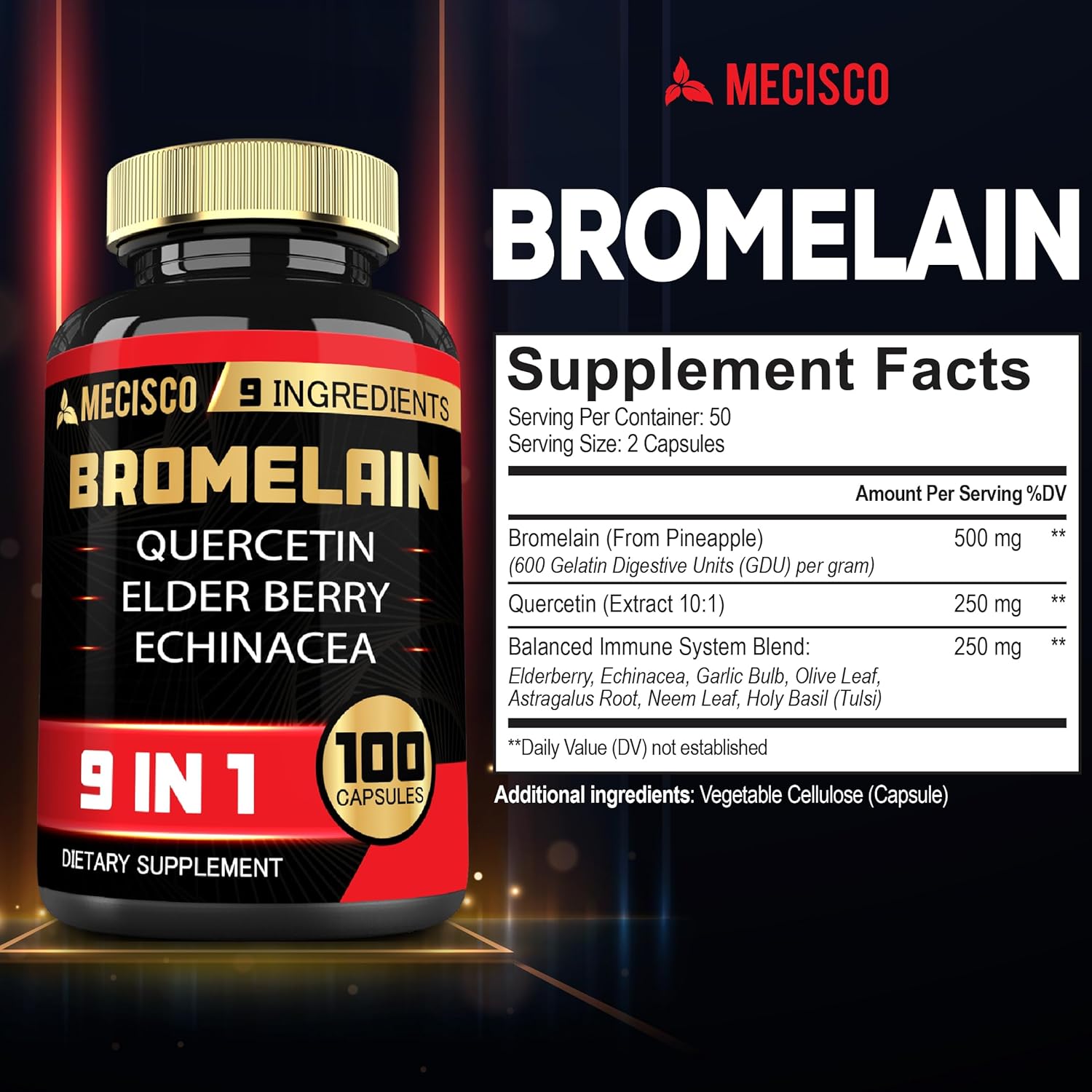 Bromelain 1000mg with Quercetin, Elderberry, Echinacea - Digestive & Joint Health Support - 100 Capsules