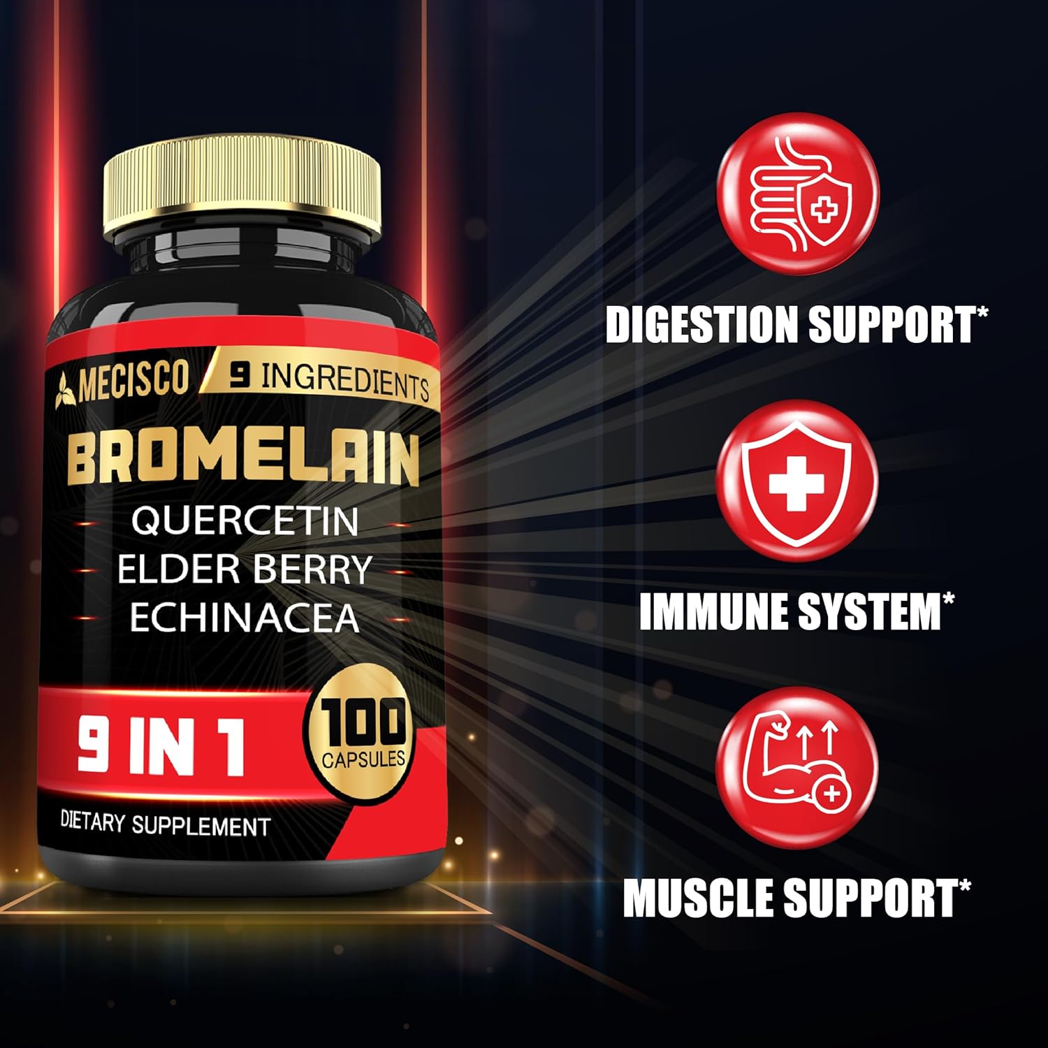 Bromelain 1000mg with Quercetin, Elderberry, Echinacea - Digestive & Joint Health Support - 100 Capsules