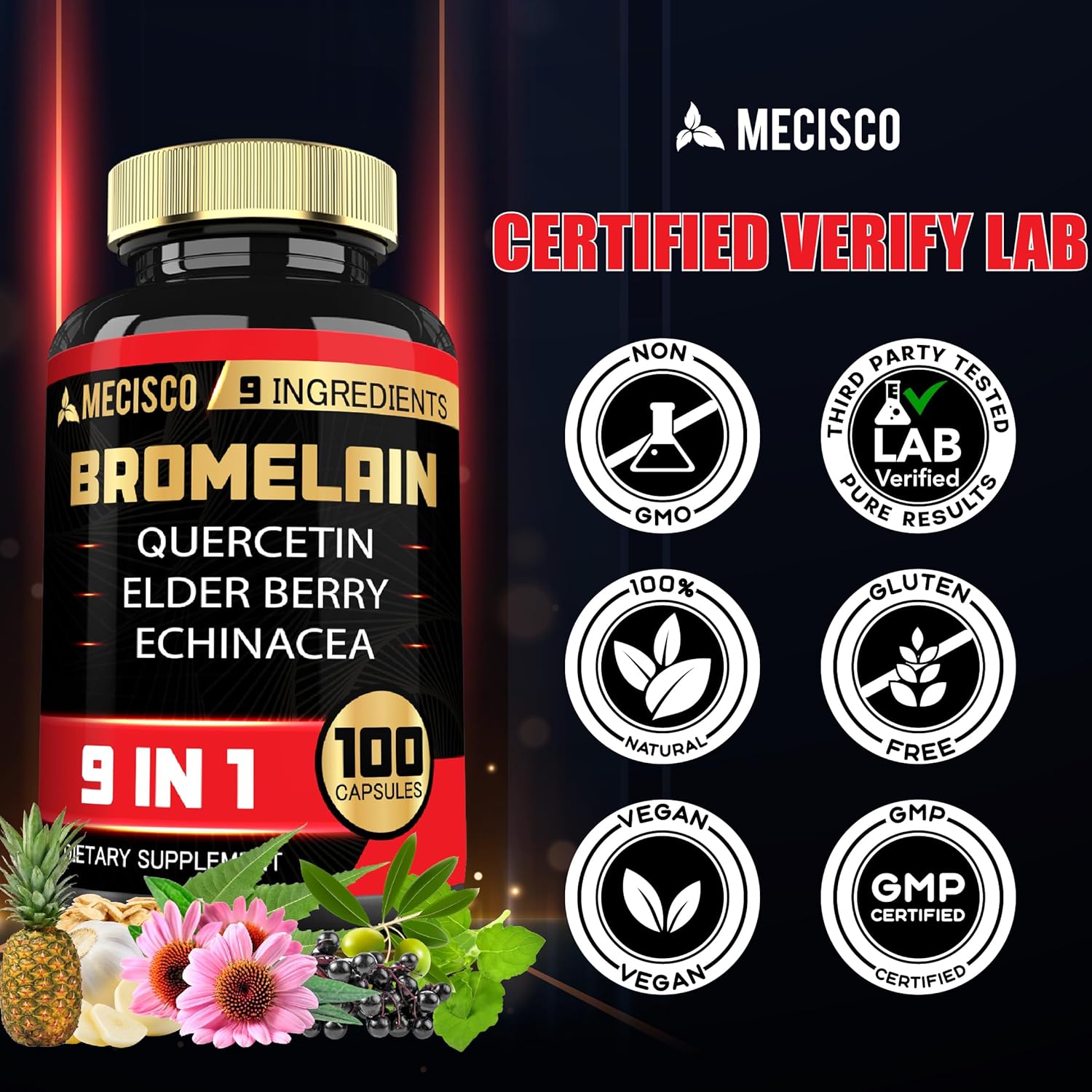 Bromelain 1000mg with Quercetin, Elderberry, Echinacea - Digestive & Joint Health Support - 100 Capsules