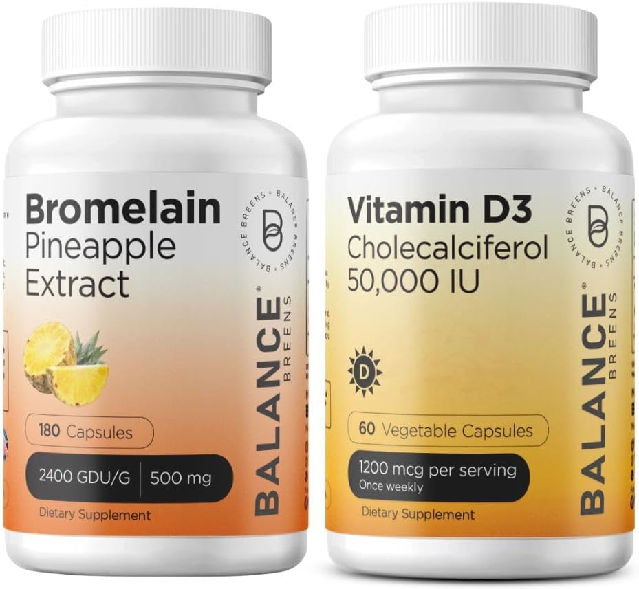 Bromelain 500mg with Vitamin D3 50,000 IU Combo - 180 Capsules for Balance Breens