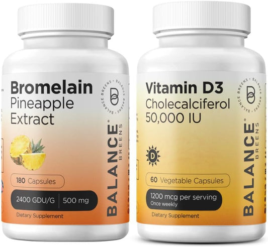 Bromelain 500mg with Vitamin D3 50,000 IU Combo - 180 Capsules for Balance Breens