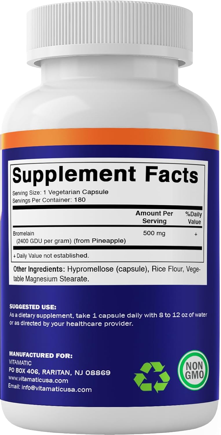 Bromelain Enzyme Supplement 500mg, 2400 GDU/g, Proteolytic Enzymes, Digestive Protein Support, 180 Count Bottle