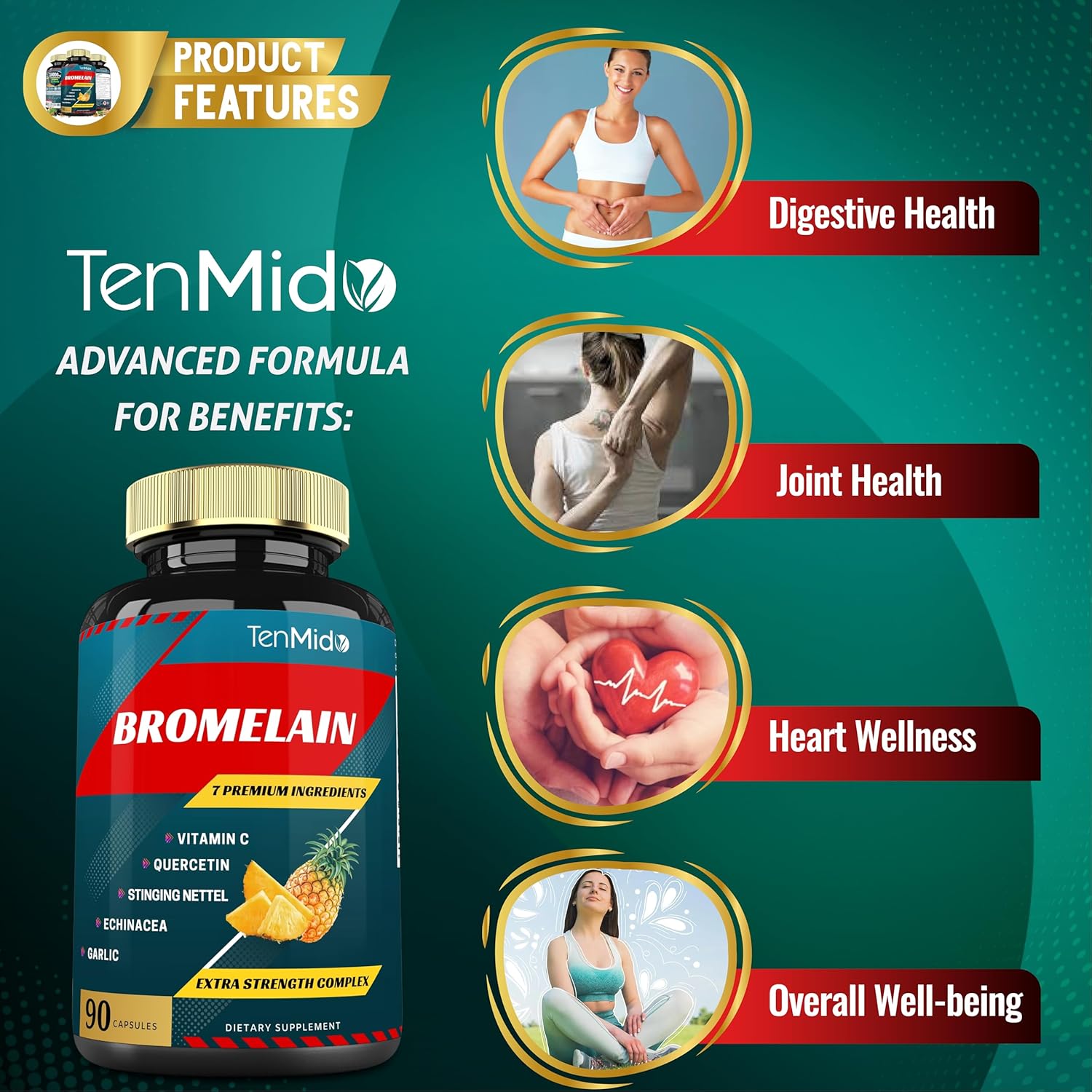 Bromelain Extract Capsules with Proteolytic Enzymes, VitC, Quercetin, Echinacea, Garlic & Pepper - Digestion & Nutrient Support - 90caps