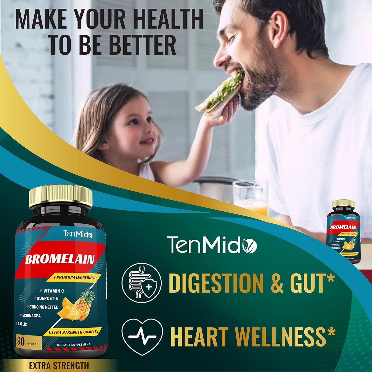 Bromelain Extract Capsules with Proteolytic Enzymes, VitC, Quercetin, Echinacea, Garlic & Pepper - Digestion & Nutrient Support - 90caps