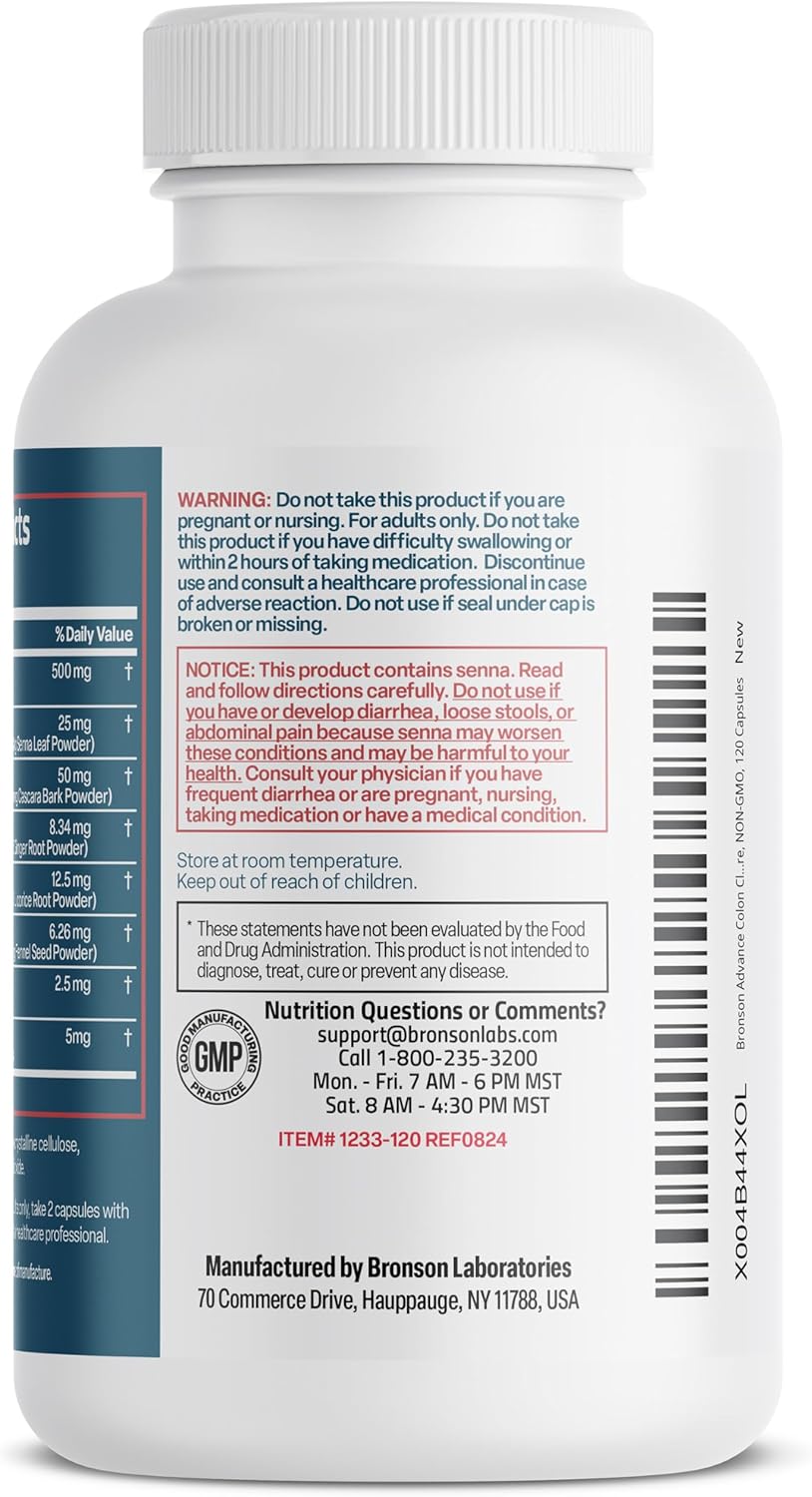 Bronson Advance Colon Cleanse Premium Detox Formula with Psyllium Husk, Senna Leaf, Ginger Root - Non-GMO, 120 Capsules