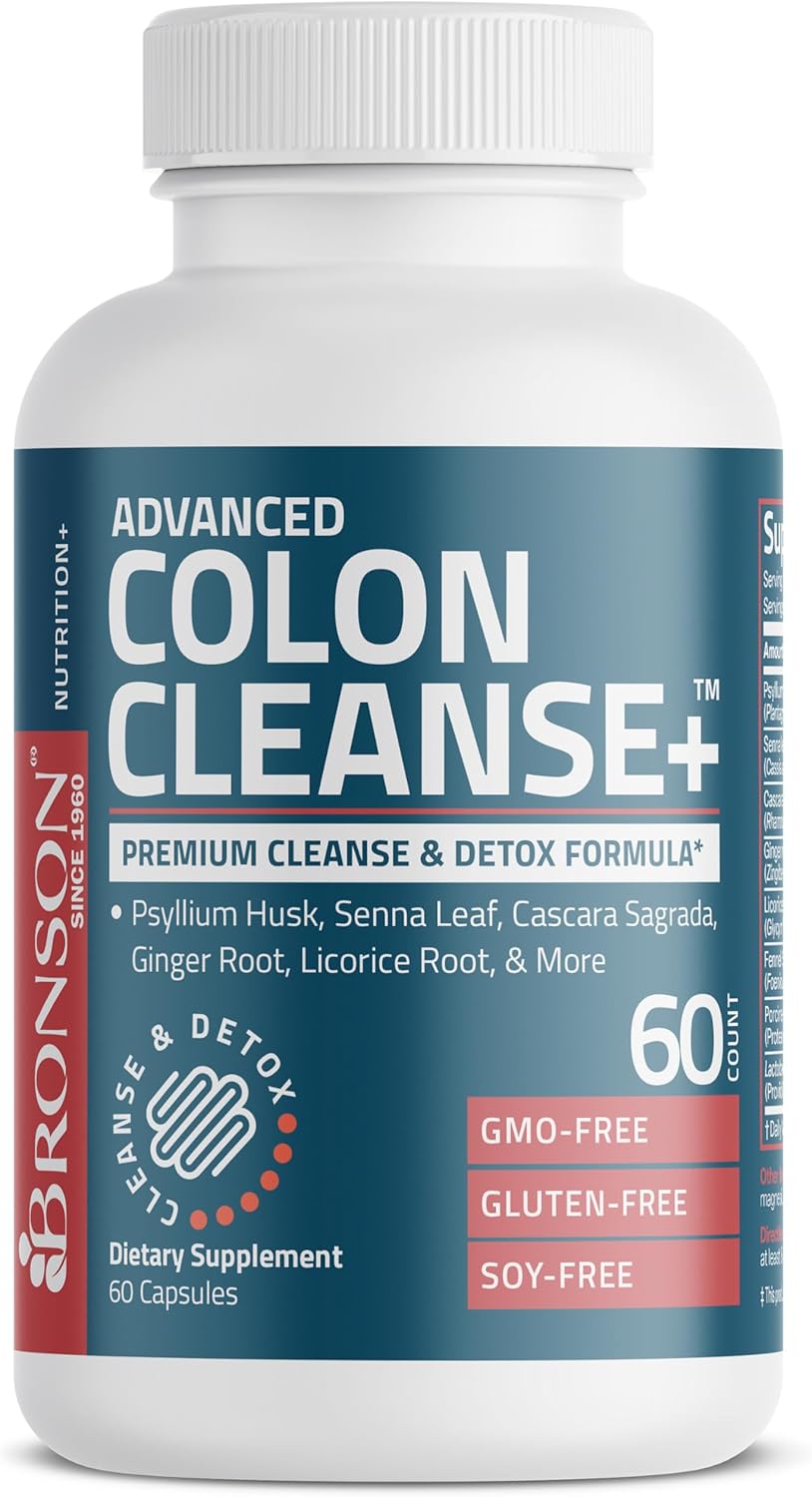 Bronson Advanced Colon Cleanse Premium Detox Formula with Psyllium Husk, Senna Leaf, Cascara Sagrada, Ginger Root, Licorice Root - Non-GMO, 60 Capsules