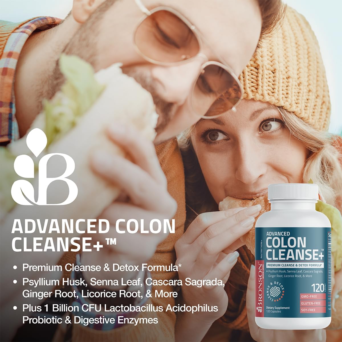 Bronson Advanced Colon Cleanse Premium Detox Formula with Psyllium Husk, Senna Leaf, Cascara Sagrada, Ginger Root, Licorice Root - Non-GMO, 60 Capsules