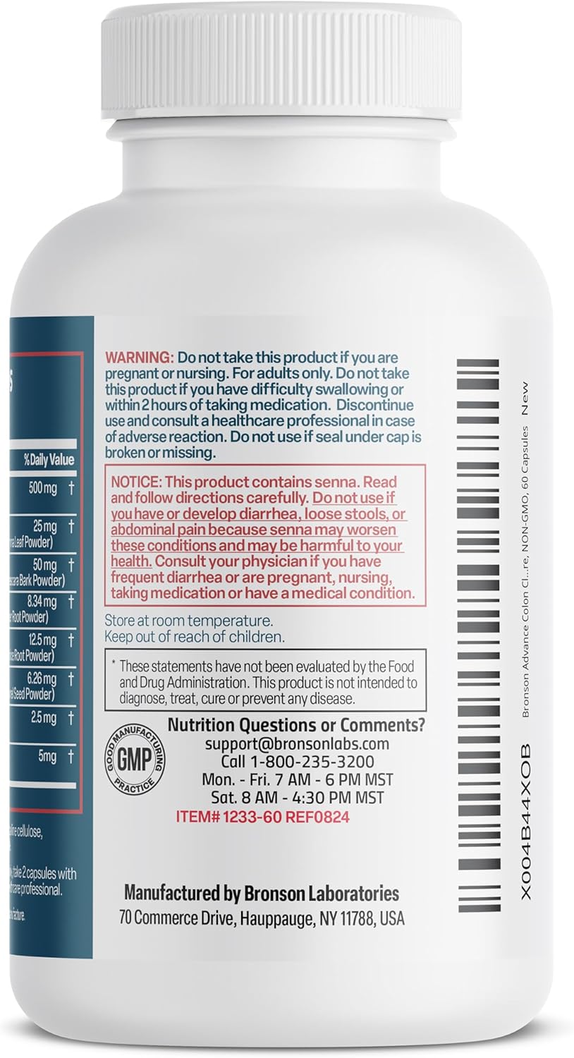 Bronson Advanced Colon Cleanse Premium Detox Formula with Psyllium Husk, Senna Leaf, Cascara Sagrada, Ginger Root, Licorice Root - Non-GMO, 60 Capsules