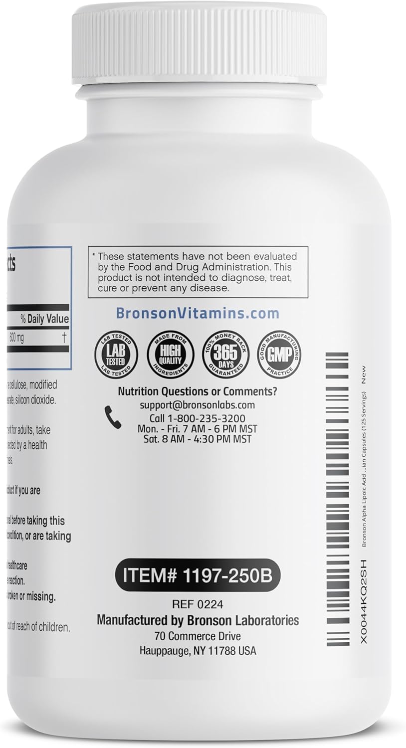 Bronson Alpha Lipoic Acid 600 MG Capsules - Antioxidant Support, Non-GMO, 250 Vegetarian Capsules