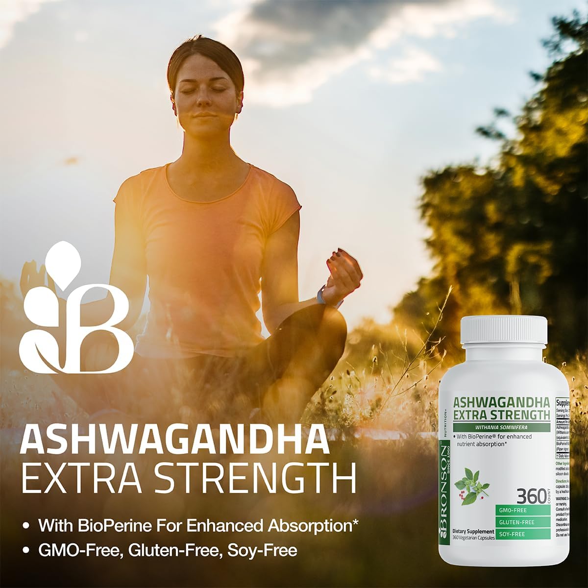 Bronson Ashwagandha Extra Strength Capsules with BioPerine - Non GMO Stress & Mood Support, 250 Vegetarian
