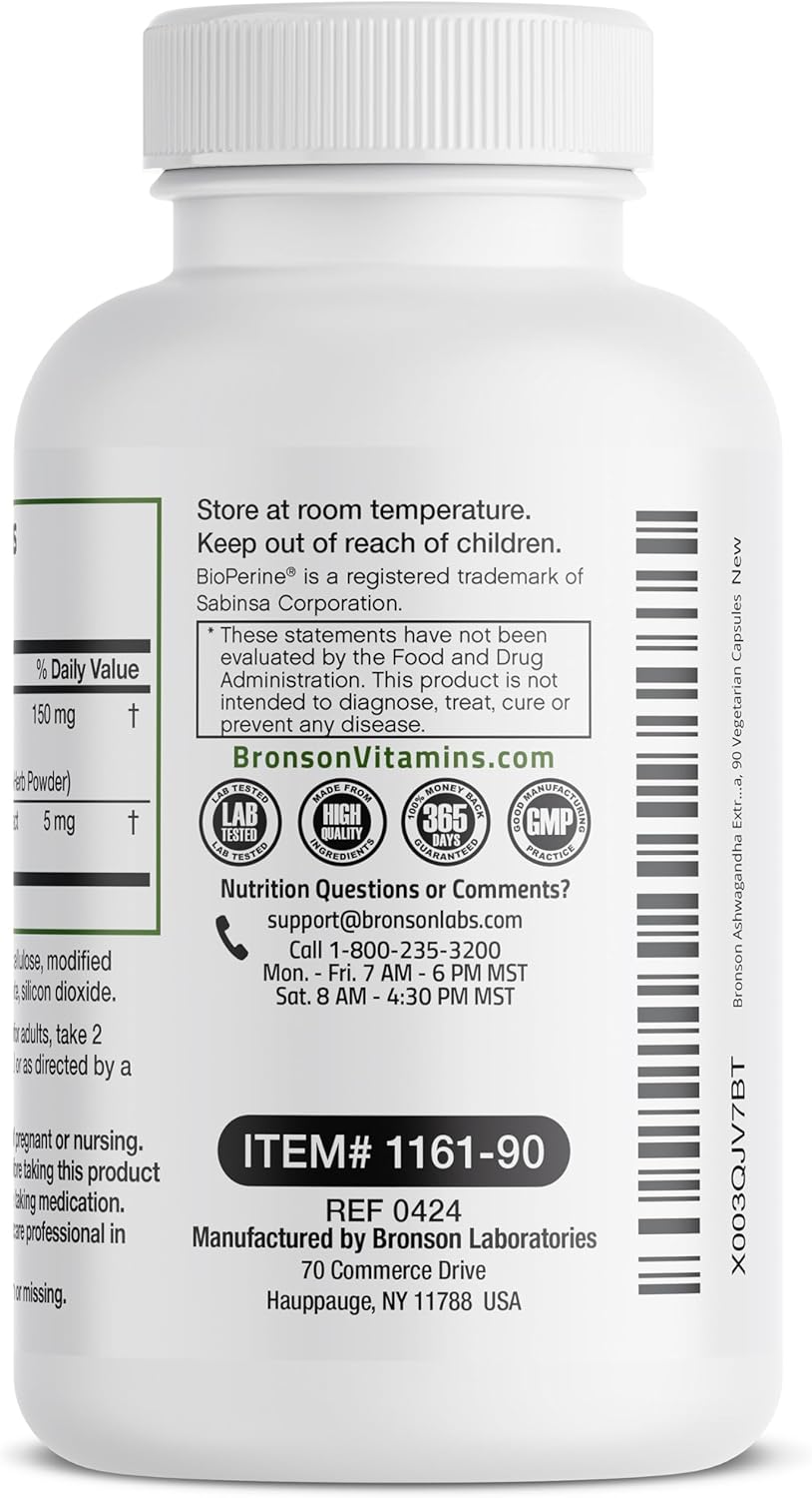 Bronson Ashwagandha Extra Strength with BioPerine - 90 Vegetarian Capsules for Stress & Mood Support, Non GMO Formula