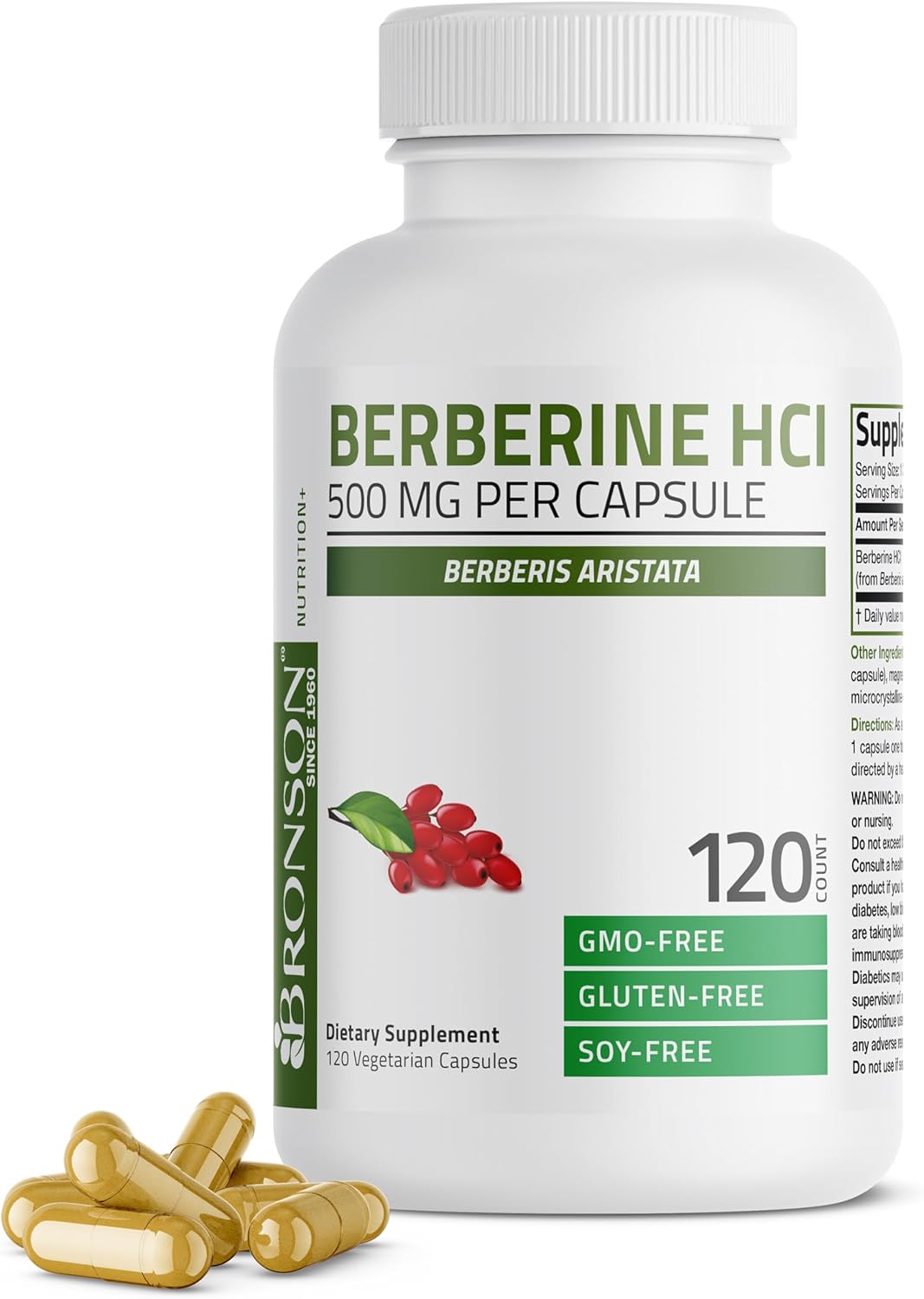 Bronson Berberine HCI 500mg Capsules - Non-GMO Berberis Aristata Supplement, 120 Vegetarian Capsules