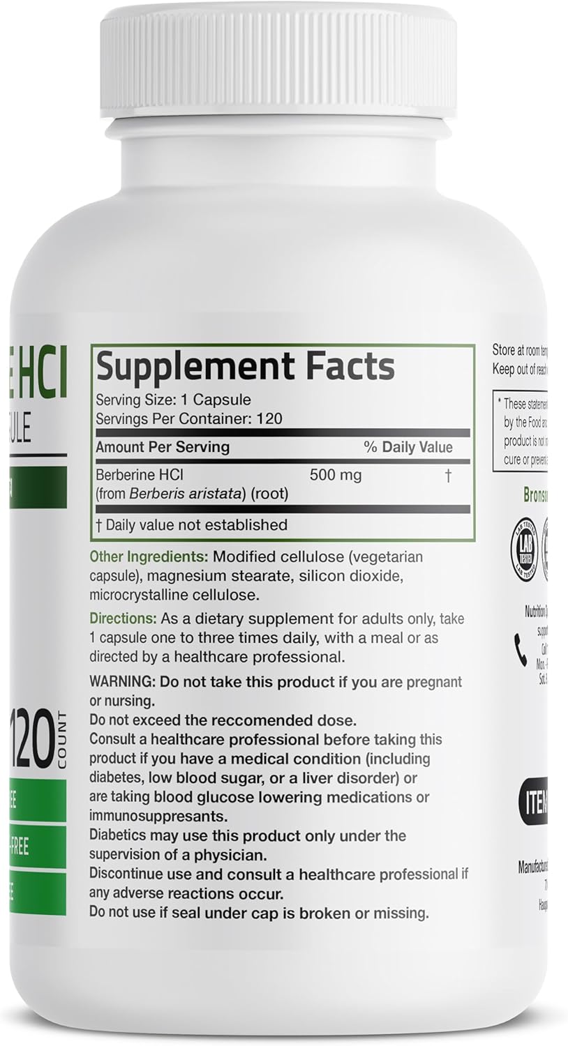 Bronson Berberine HCI 500mg Capsules - Non-GMO Berberis Aristata Supplement, 120 Vegetarian Capsules