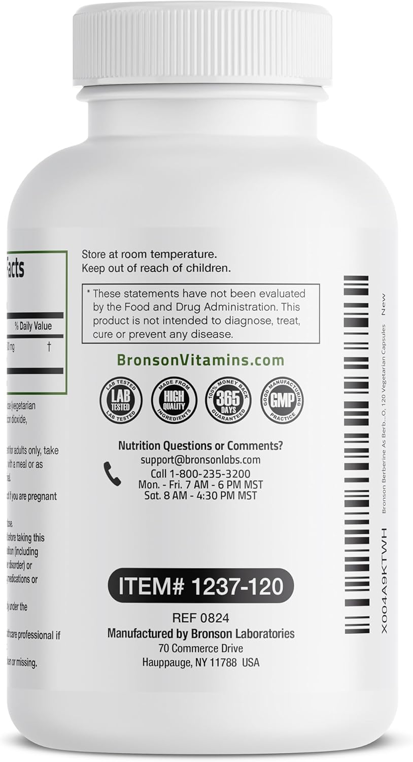 Bronson Berberine HCI 500mg Capsules - Non-GMO Berberis Aristata Supplement, 120 Vegetarian Capsules
