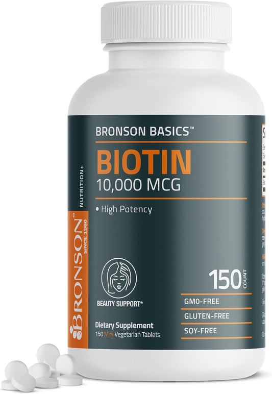 Bronson Biotin 10,000mcg Tablets for Healthy Hair, Skin, Nails - Vegetarian, Non-GMO - 150 Count