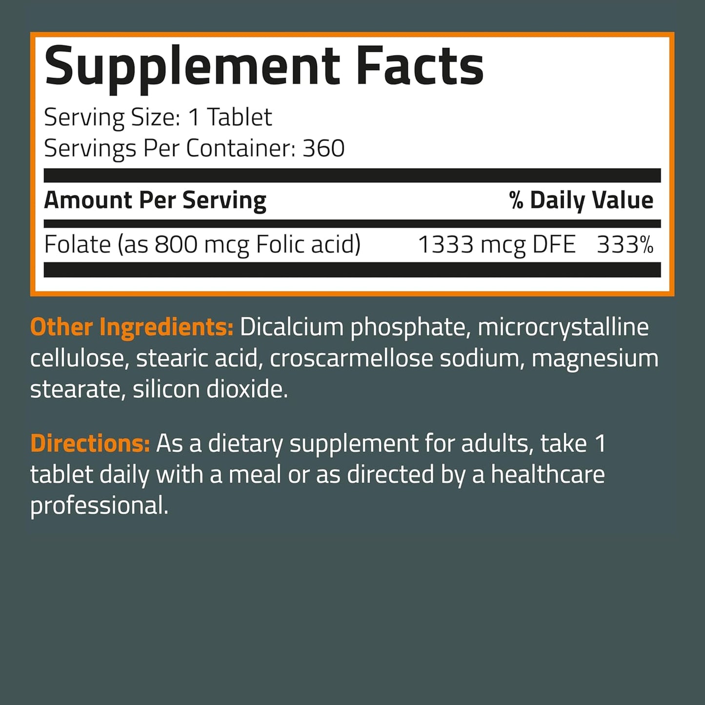 Bronson Folic Acid 800 MCG Tablets - 1 Year Supply for Prenatal Development, Non-GMO, 360 Count