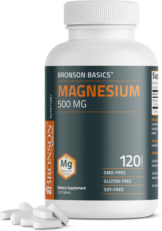 Bronson Magnesium 500 MG: Promotes Bone, Muscle, and Nervous System Health - Non-GMO, 120 Vegan Tablets