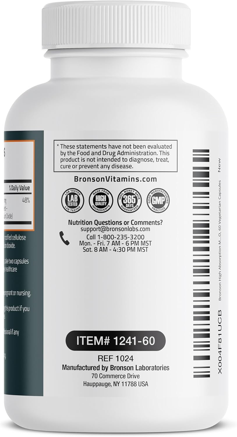 Bronson Magnesium Glycinate 200mg Chelated Capsules for High Absorption, Gentle on Stomach, Non-GMO - 60 Vegetarian Capsules