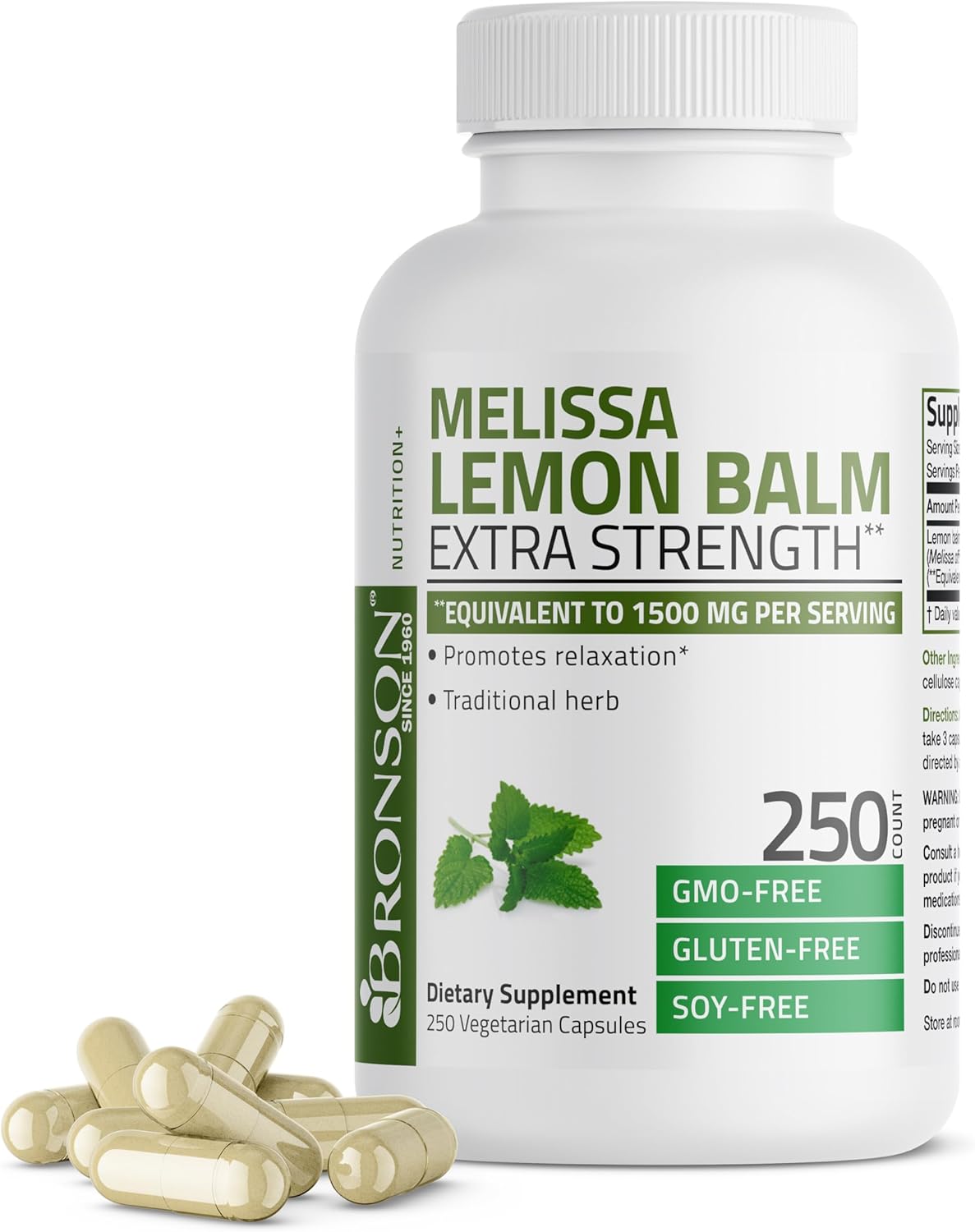 Bronson Melissa Lemon Balm Extra Strength Non-GMO Vegetarian Capsules - 250 Count