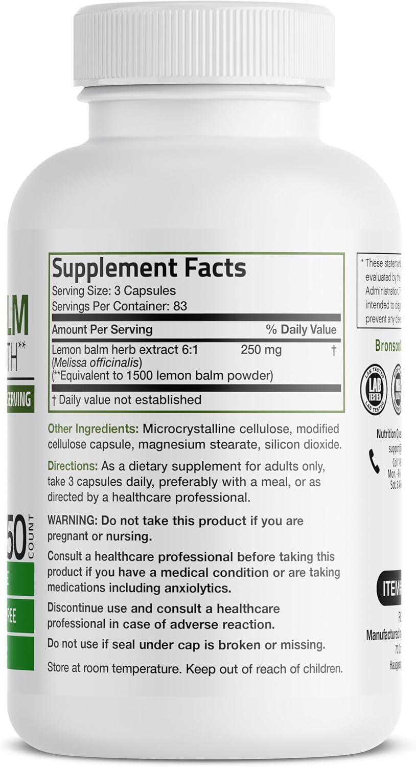 Bronson Melissa Lemon Balm Extra Strength Non-GMO Vegetarian Capsules - 250 Count