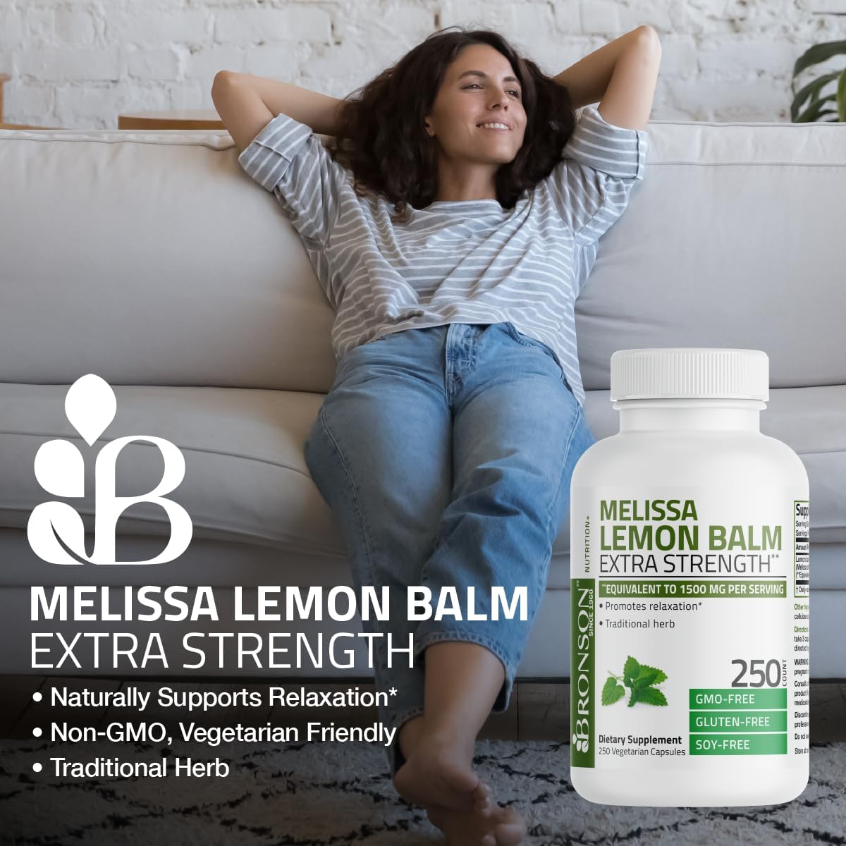Bronson Melissa Lemon Balm Extra Strength Non-GMO Vegetarian Capsules - 250 Count