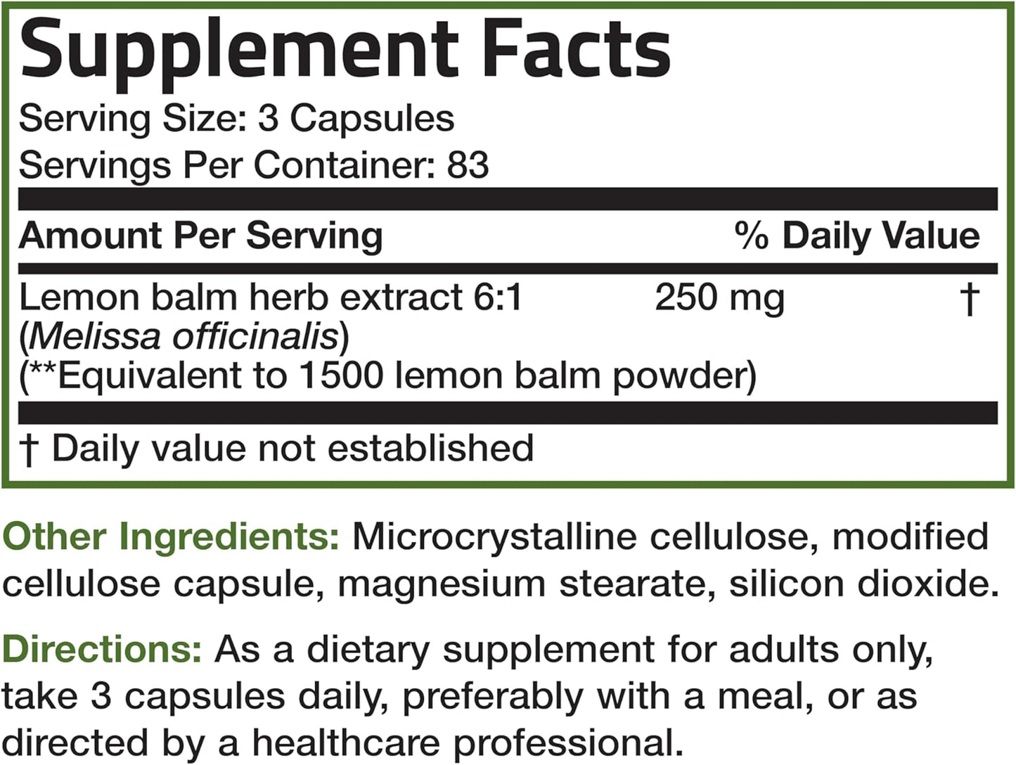 Bronson Melissa Lemon Balm Extra Strength Non-GMO Vegetarian Capsules - 250 Count