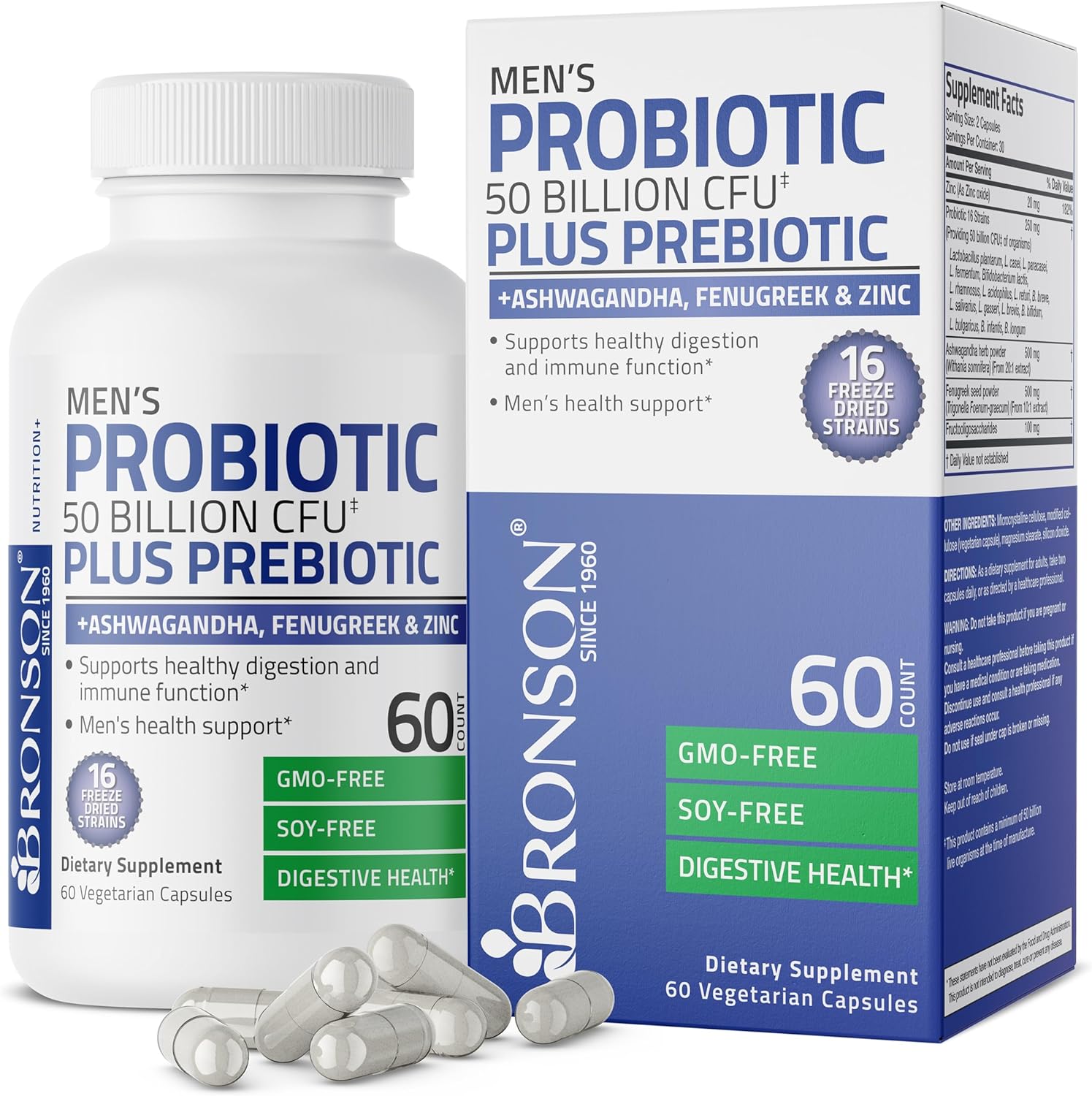 Bronson Men's Probiotic with Prebiotic, Ashwagandha, Fenugreek & Zinc - 60 Capsules, Non-GMO - Digestion & Immune Support