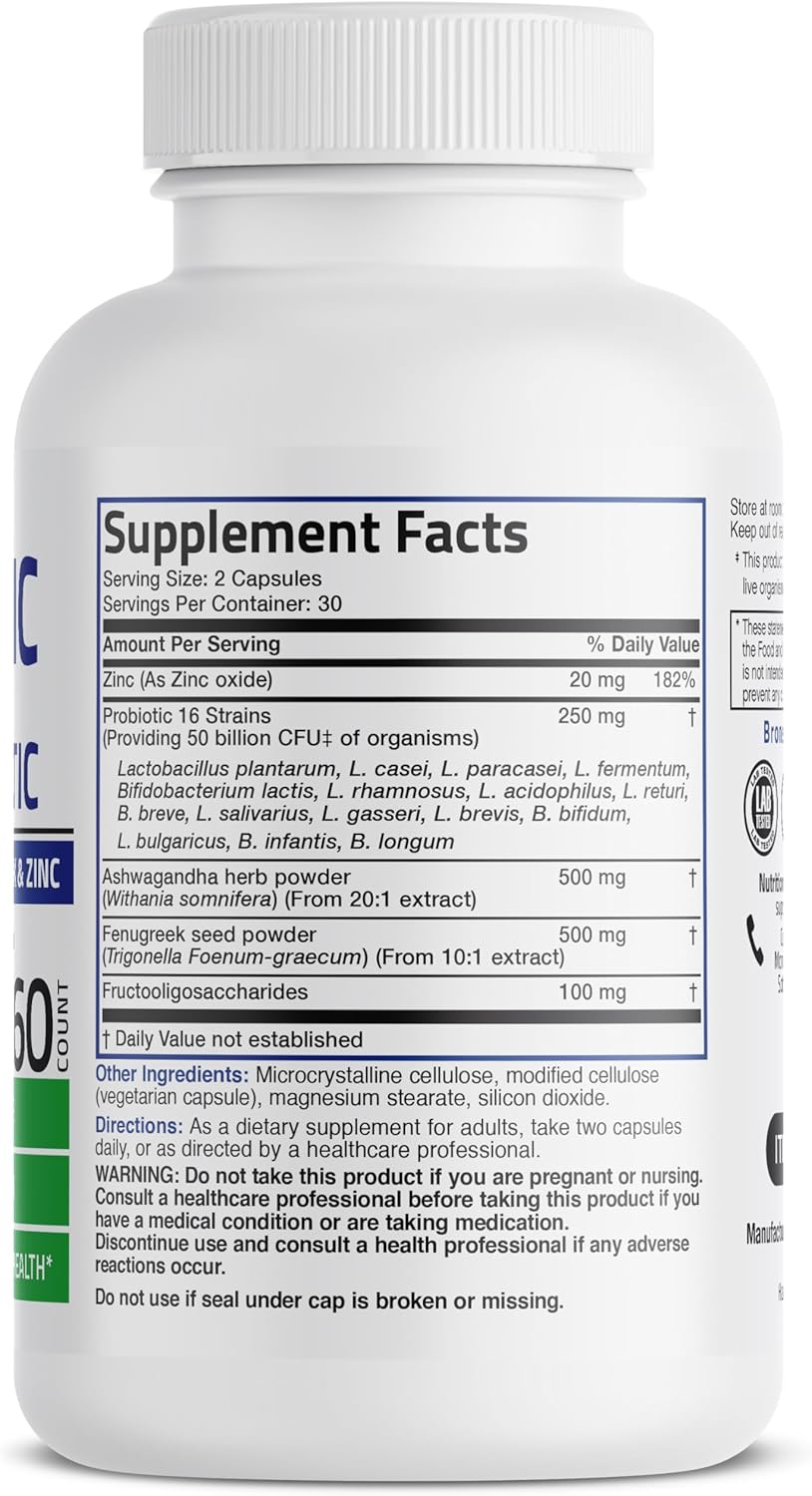 Bronson Men's Probiotic with Prebiotic, Ashwagandha, Fenugreek & Zinc - 60 Capsules, Non-GMO - Digestion & Immune Support