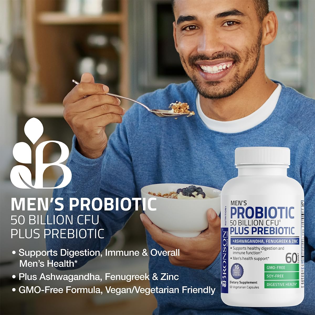 Bronson Men's Probiotic with Prebiotic, Ashwagandha, Fenugreek & Zinc - 60 Capsules, Non-GMO - Digestion & Immune Support