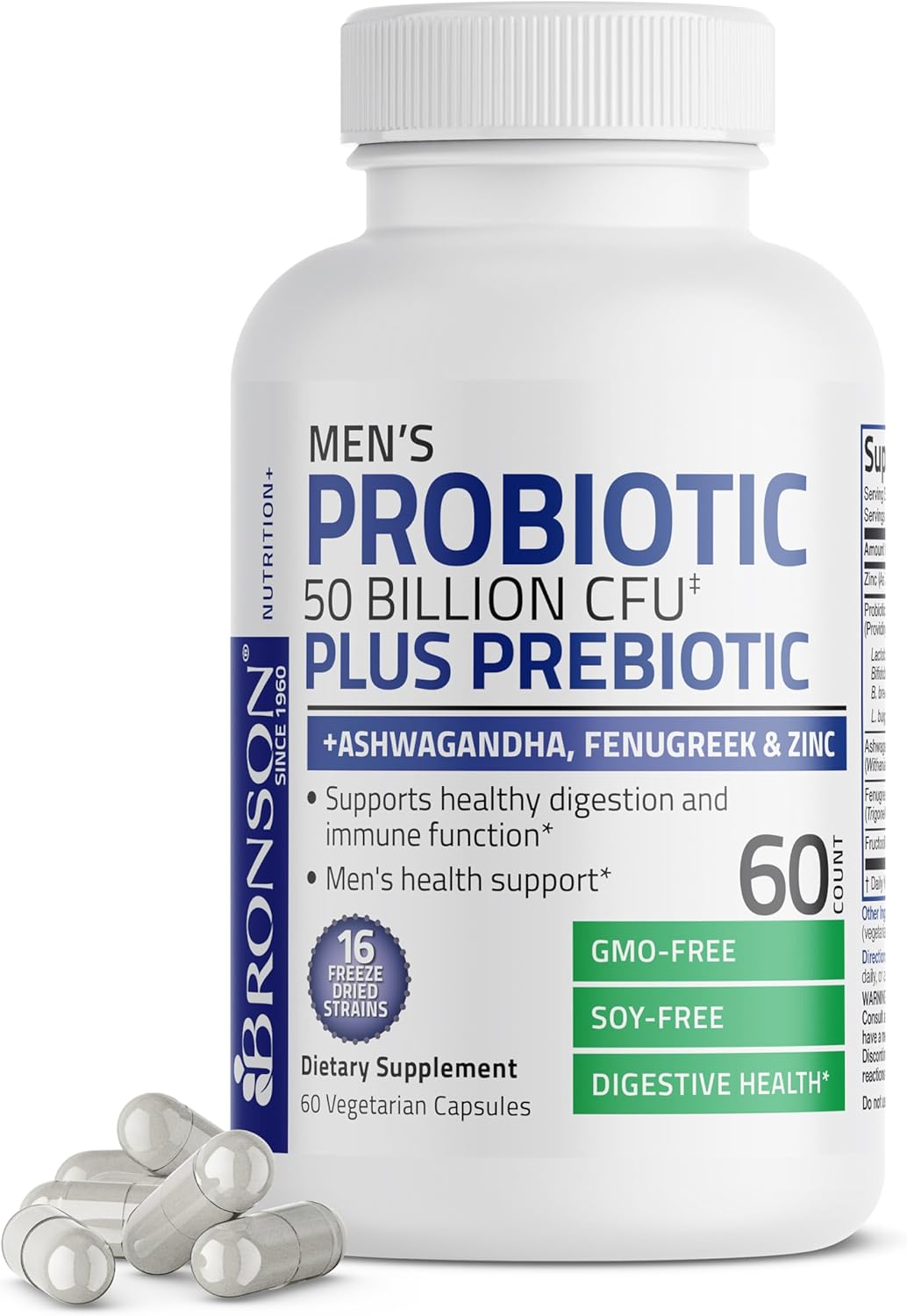 Bronson Men's Probiotic with Prebiotic, Ashwagandha, Fenugreek & Zinc - 60 Capsules, Non-GMO - Digestion & Immune Support