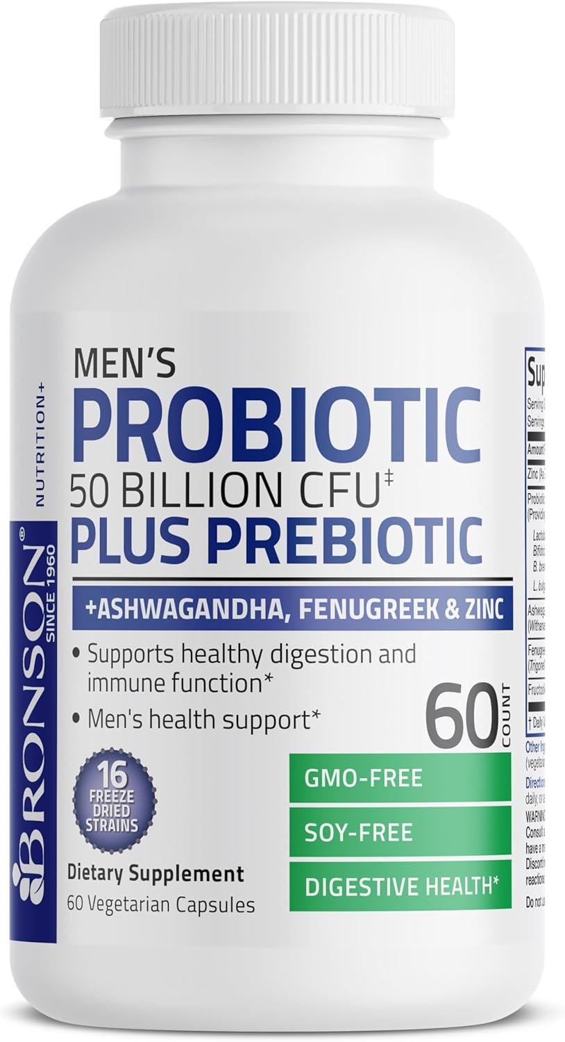 Bronson Men's Probiotic with Prebiotic, Ashwagandha, Fenugreek & Zinc - 60 Capsules, Non-GMO - Digestion & Immune Support