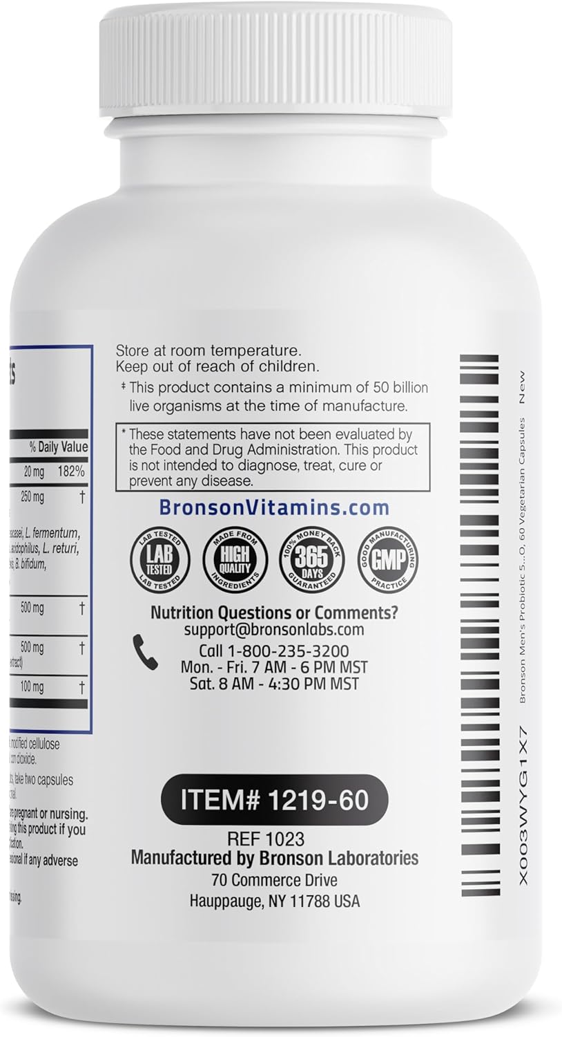 Bronson Men's Probiotic with Prebiotic, Ashwagandha, Fenugreek & Zinc - 60 Capsules, Non-GMO - Digestion & Immune Support