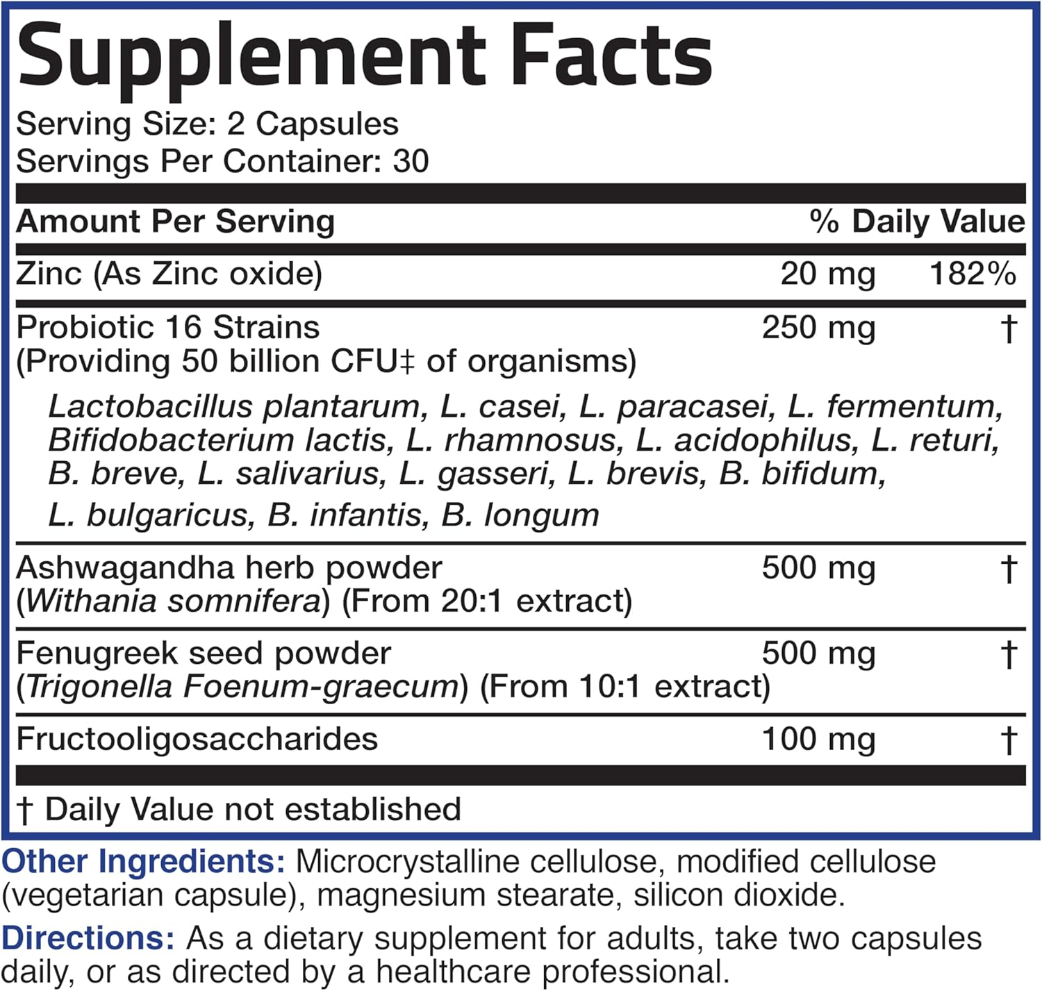 Bronson Men's Probiotic with Prebiotic, Ashwagandha, Fenugreek & Zinc - 60 Capsules, Non-GMO - Digestion & Immune Support