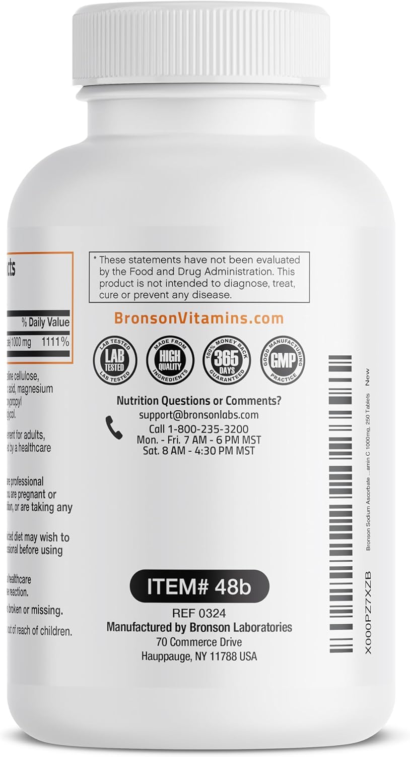 Bronson Non Acidic Vitamin C Tablets 1000mg - Gentle on Stomach - Immune System Booster - Antioxidant - Non GMO - 250 Count