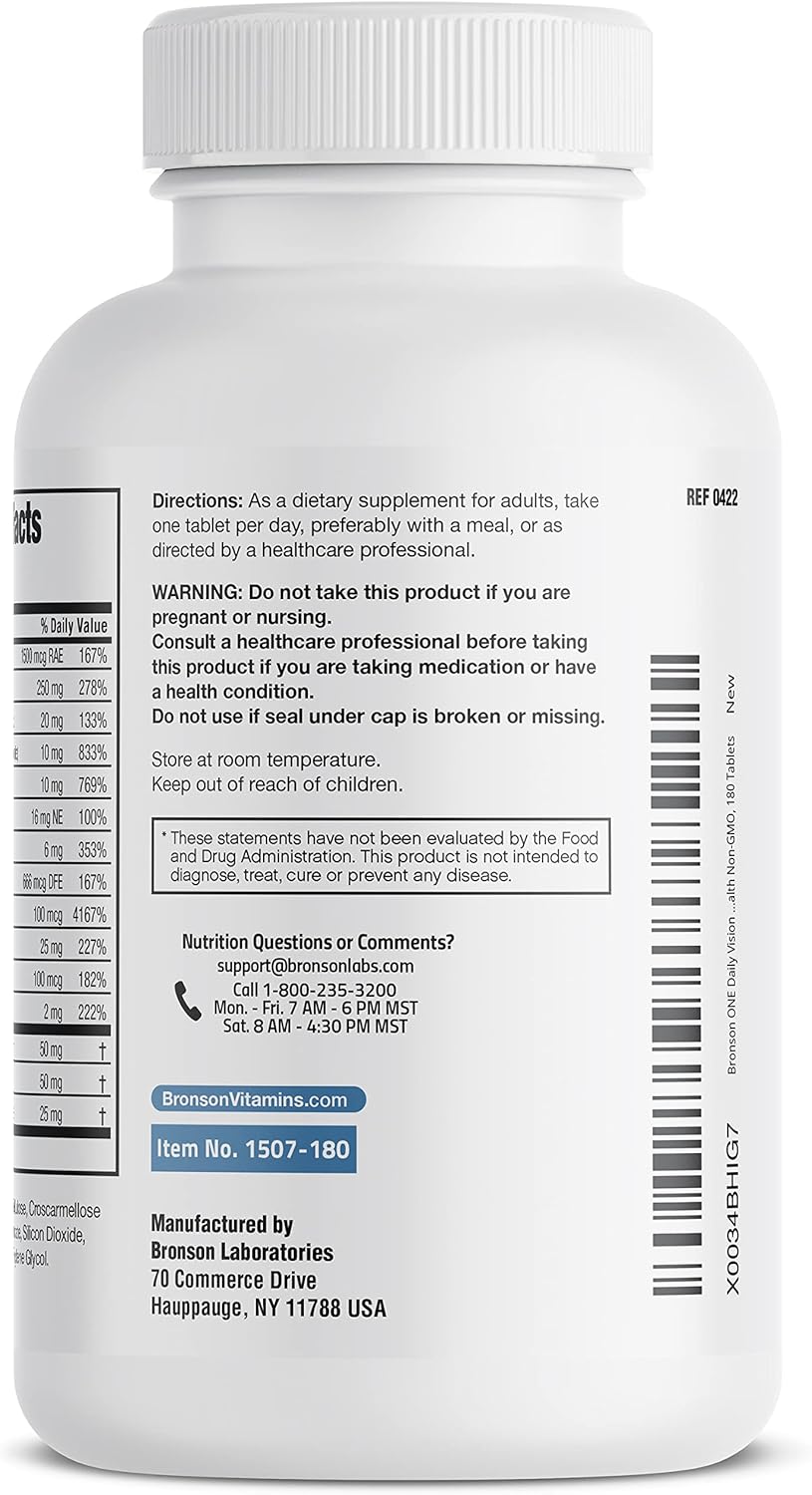 Bronson ONE Daily Vision Multivitamin Mineral Supplement for Complete Eye Health, 180 Tablets