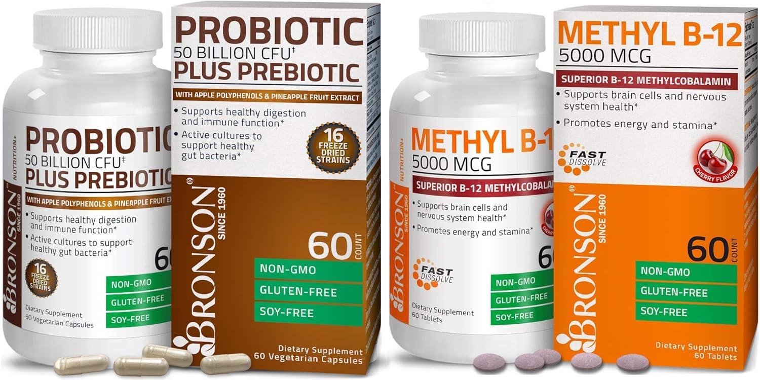 Bronson Probiotic 50 Billion CFU with Prebiotic, Apple Polyphenols, Pineapple Extract, and Methyl B12 5000 mcg