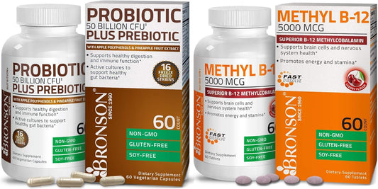 Bronson Probiotic 50 Billion CFU with Prebiotic, Apple Polyphenols, Pineapple Extract, and Methyl B12 5000 mcg
