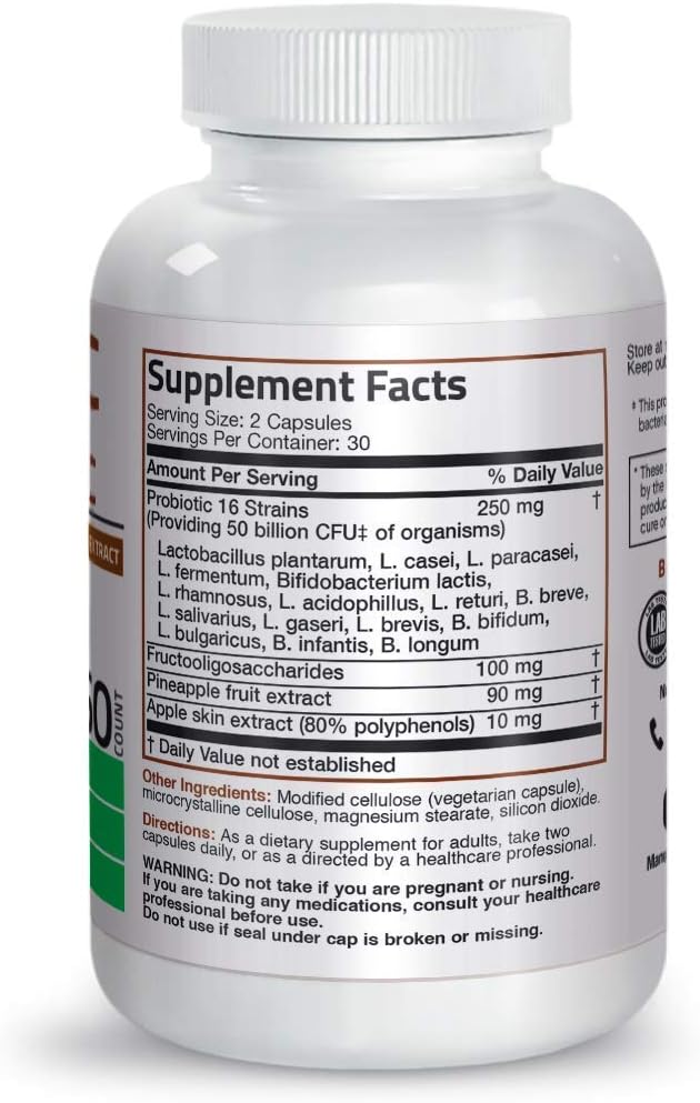 Bronson Probiotic 50 Billion CFU with Prebiotic, Apple Polyphenols, Pineapple Extract, and Methyl B12 5000 mcg