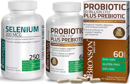 Bronson Probiotic with Prebiotic, Apple Polyphenols, Pineapple Extract, Selenium for Immune, Thyroid, Prostate & Heart Health - 50 Billion CFU