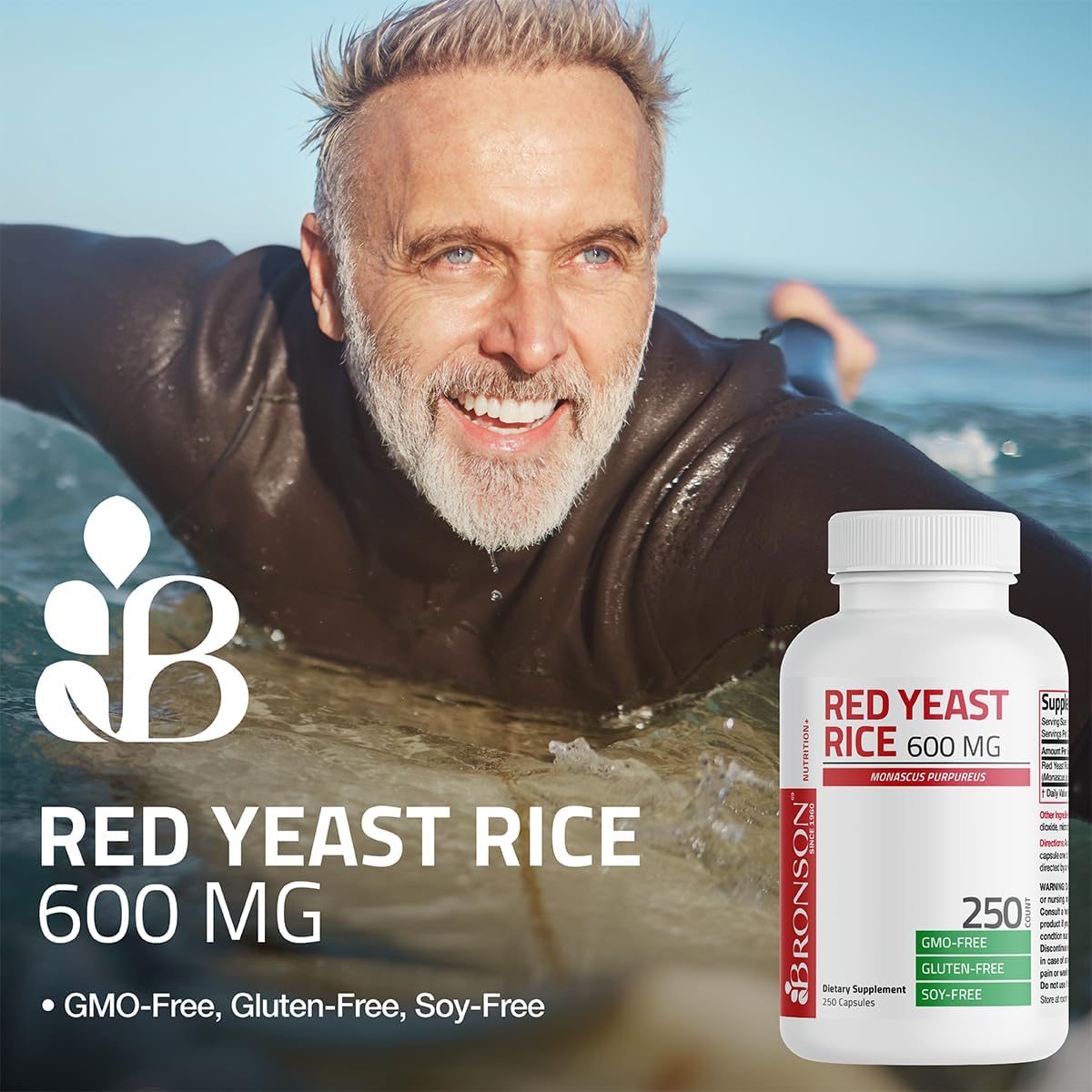 Bronson Red Yeast Rice Capsules 600 MG - Monascus Purpureus Herbal Supplement, Non-GMO - 60 Count
