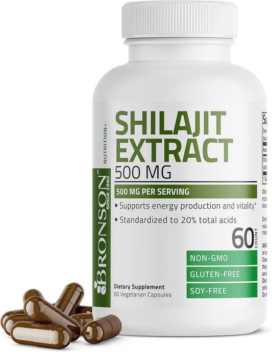 Bronson Shilajit Extract Capsules - 500 MG Per Serving, Energy & Vitality Support, 20% Total Acids, Non-GMO - 60 Count