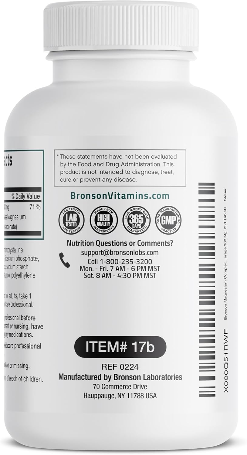 Bronson Triple Magnesium Complex 300 Mg - Non-GMO Formula, 250 Tablets