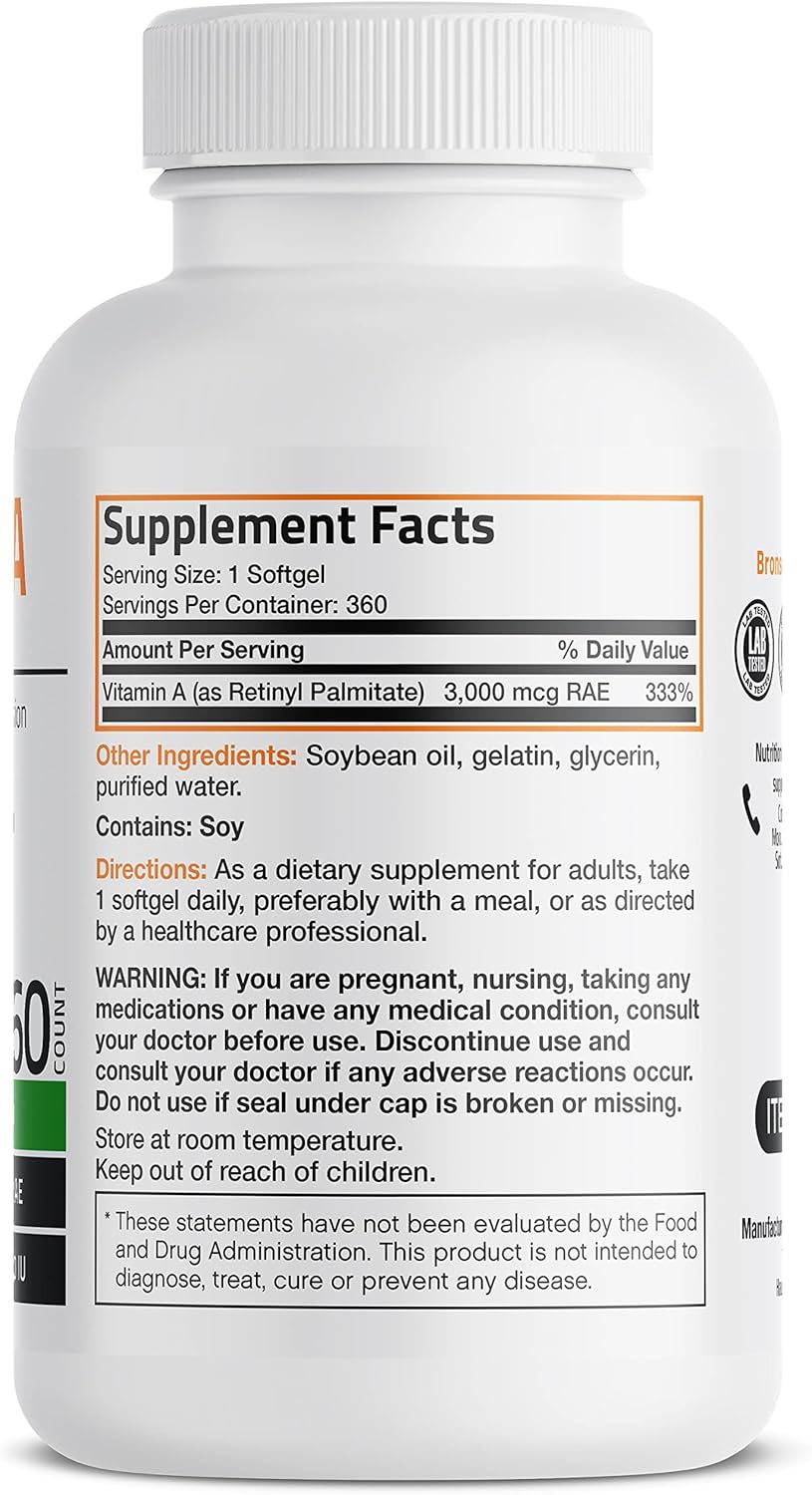 Bronson Vitamin A 10,000 IU Softgels for Vision, Immune System, Growth & Reproduction - 360 Count