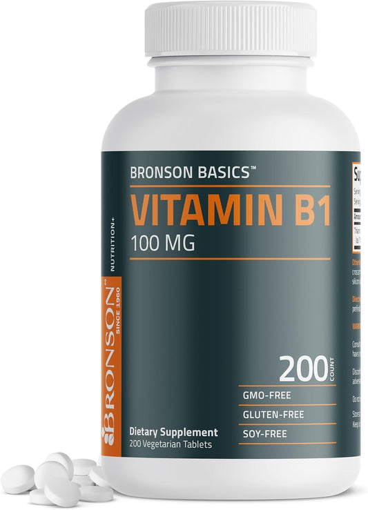 Bronson Vitamin B1 100mg - Non-GMO - 200 Vegetarian Tablets - High Quality Dietary Supplement