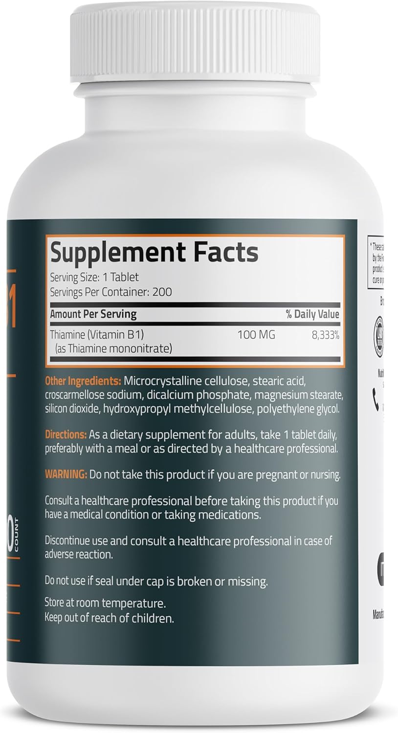 Bronson Vitamin B1 100mg - Non-GMO - 200 Vegetarian Tablets - High Quality Dietary Supplement