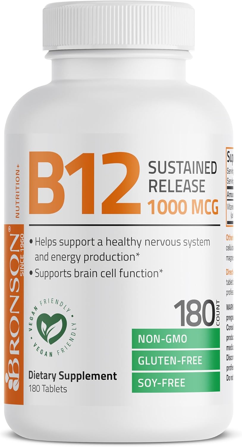 Bronson Vitamin B12 1000 MCG Sustained Release Tablets for Nervous System and Energy, 180 Tablets.