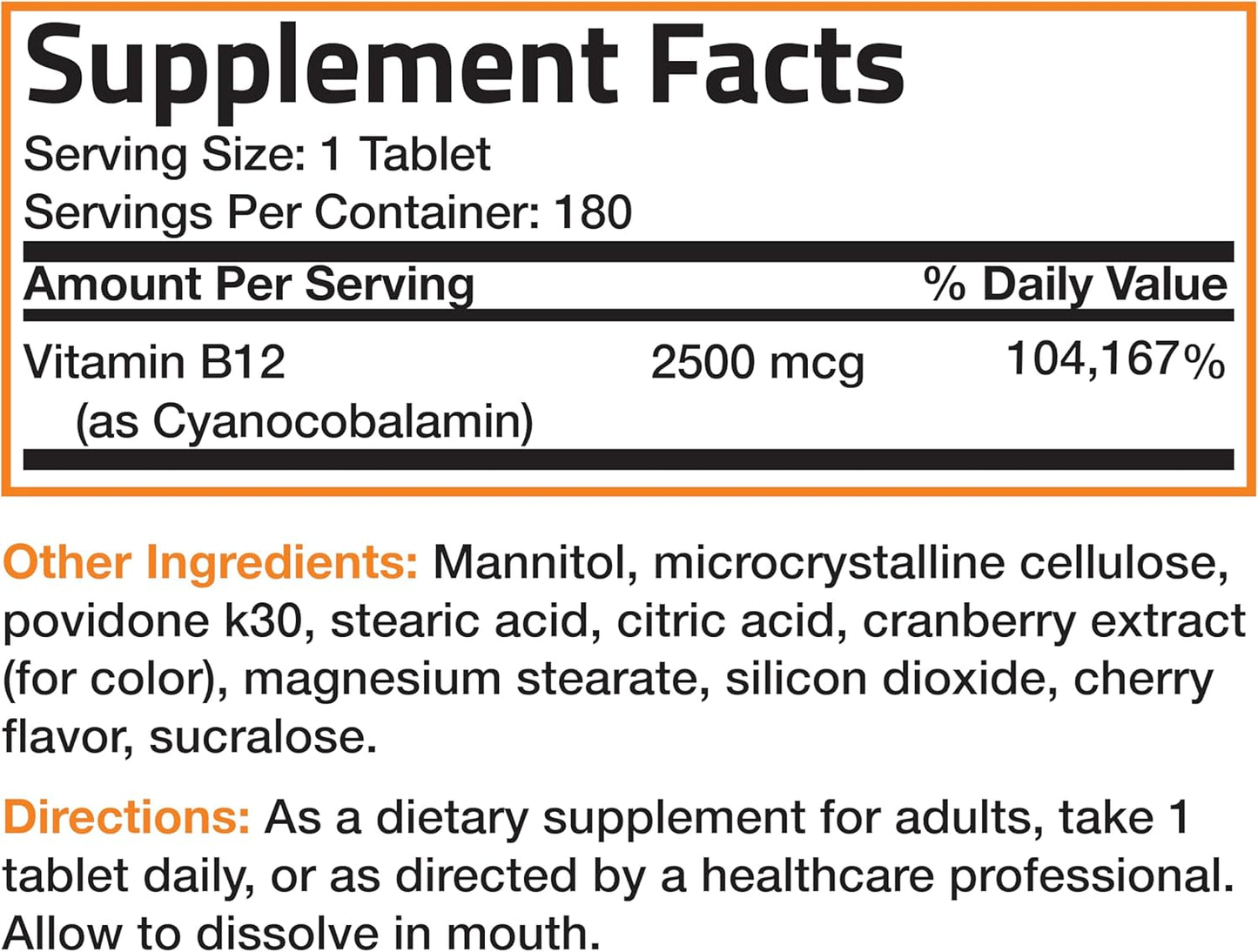 Bronson Vitamin B12 2500mcg Quick Release Chewable Tablets - Cherry Flavored Sublingual B12 for Energy & Brain Health - 180 Count