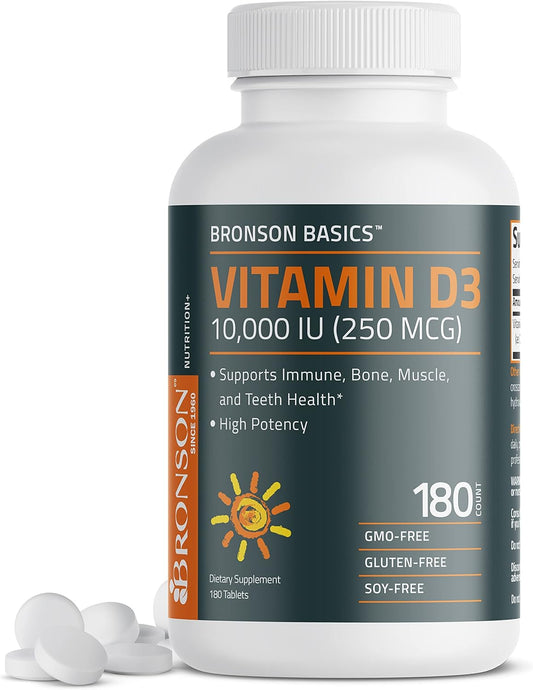 Bronson Vitamin D3 10,000 IU (250 MCG) Tablets for Healthy Muscles & Immune System, Non-GMO - 180 Count