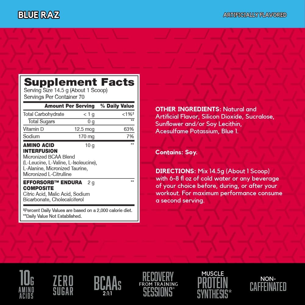 BSN Amino X Blue Raz Powder - Muscle Recovery & Endurance with BCAAs - Keto Friendly, Caffeine Free - 70 Servings