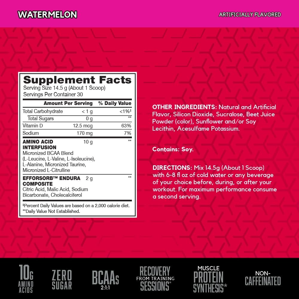 BSN Amino X Watermelon Flavor Powder - Muscle Recovery & Endurance Support, 10g Amino Acids, BCAAs, Keto Friendly, Caffeine Free - 30 Servings